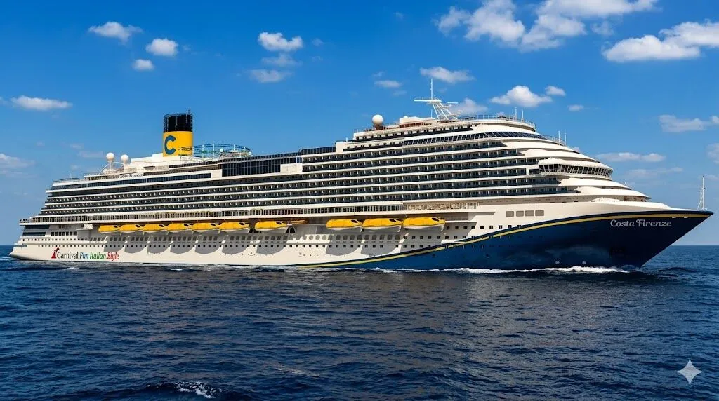 Kapal pesiar Costa Firenze berlayar di lautan di bawah langit biru dengan awan tersebar.