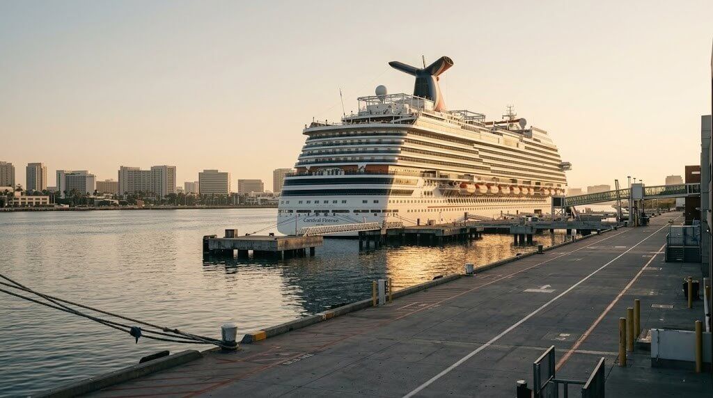 Kapal pesiar karnaval berlabuh di pelabuhan dengan cakrawala kota di latar belakang saat matahari terbenam.