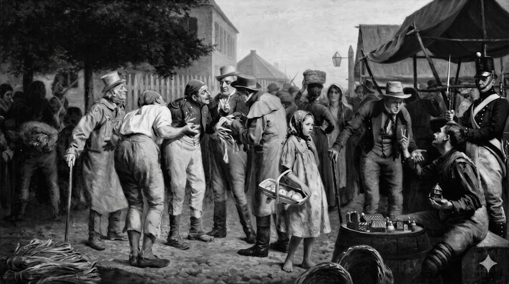 Sekelompok orang abad ke-19 dalam suasana desa dengan seorang gadis memegang sekeranjang apel dan para pria terlibat dalam percakapan yang penuh semangat.