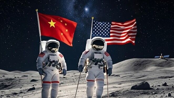 Dua astronot di bulan memegang bendera Tiongkok dan Amerika di bawah langit berbintang.