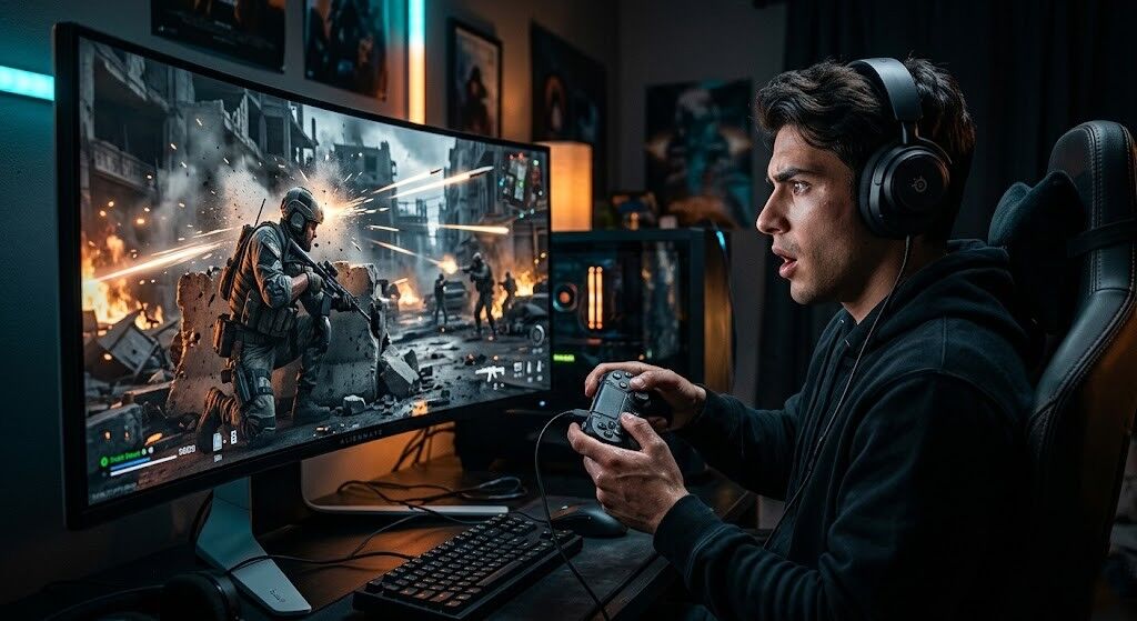 Pria yang memakai headphone memainkan game penembak orang pertama di monitor melengkung Alienware dengan pengontrol game.