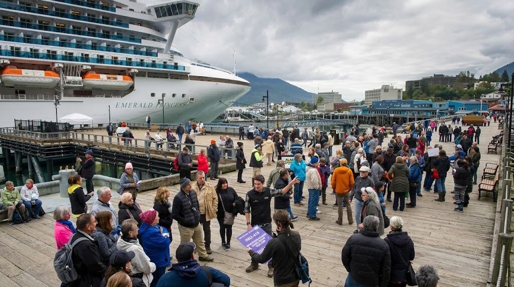 Kerumunan berkumpul di dermaga kayu dekat kapal pesiar Emerald Princess di bawah langit mendung.
