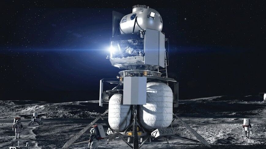 Pendarat bulan SpaceX Starship di permukaan bulan dengan astronot dan latar belakang langit berbintang