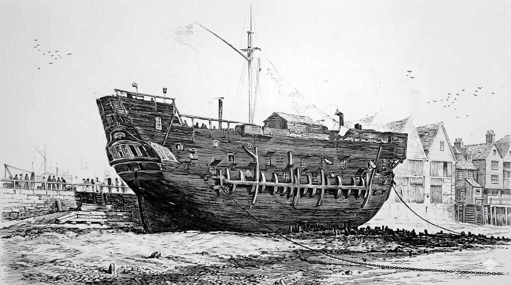 Gambar hitam putih terperinci dari sebuah kapal kayu tua berlabuh di dekat desa pesisir dengan orang-orang di dermaga.