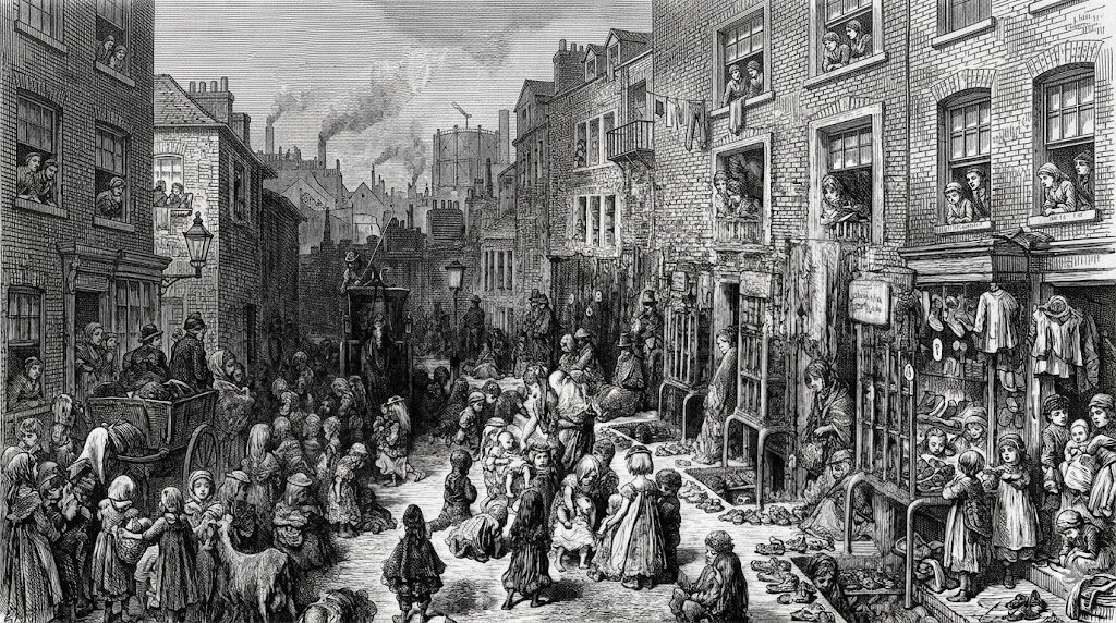 Pemandangan jalanan era Victoria dengan kerumunan anak-anak dan orang dewasa di luar bangunan batu bata di kota industri.