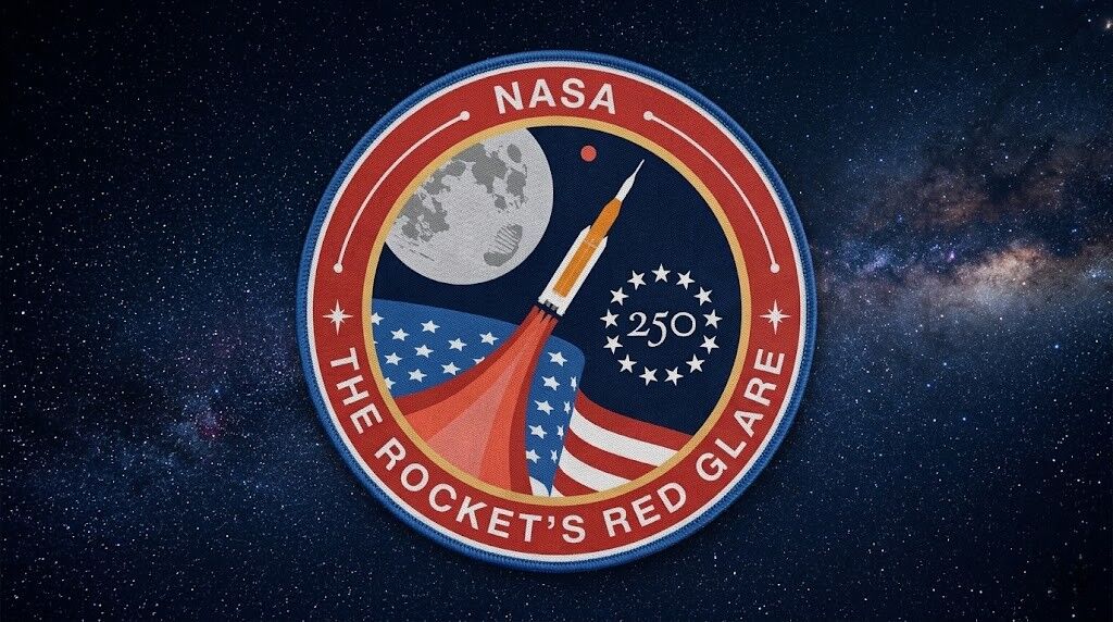 NASA menambal dengan roket, bendera Amerika, bulan, dan teks 