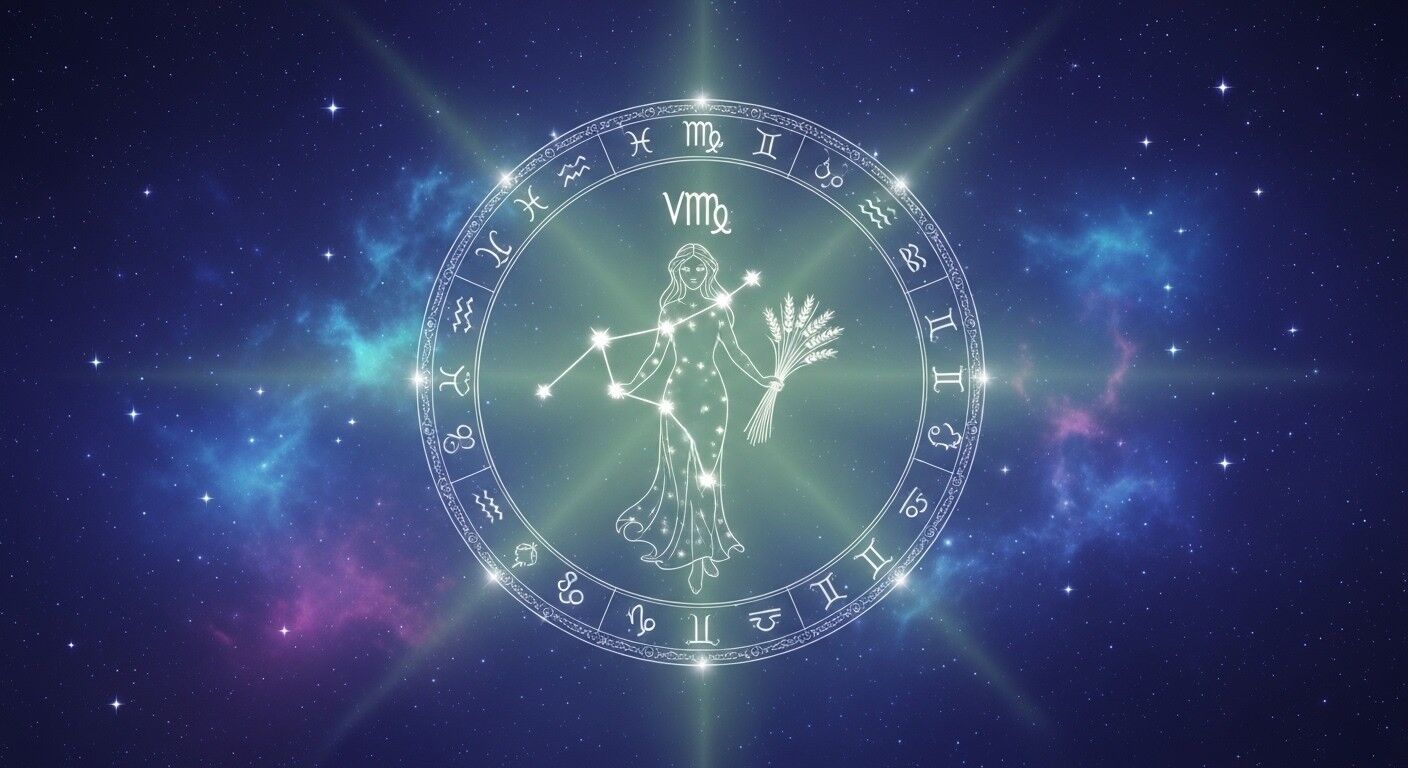 Konstelasi tanda zodiak Virgo dengan seorang wanita memegang gandum, dikelilingi oleh semua simbol zodiak di langit malam berbintang.