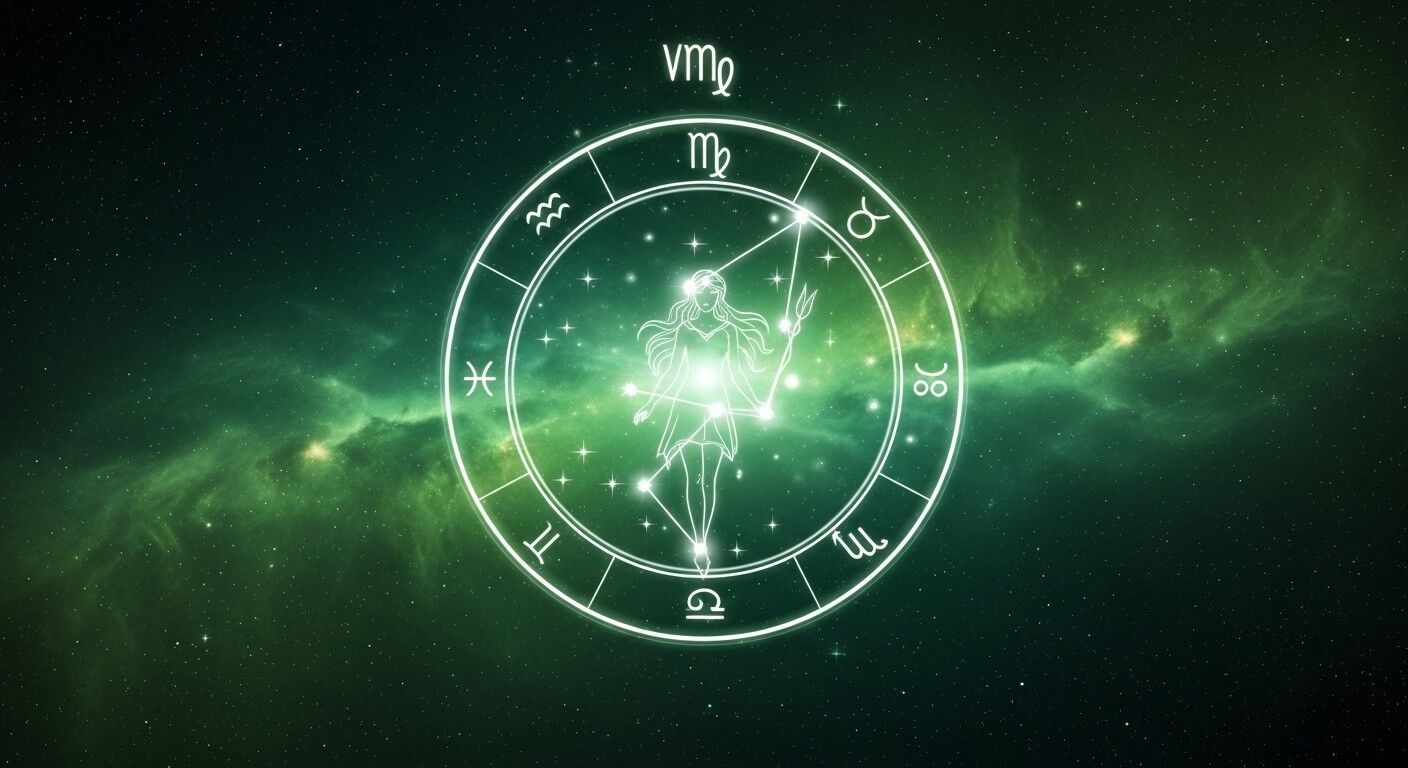 Konstelasi dan simbol zodiak Virgo bersinar dalam latar belakang kosmik berbintang hijau