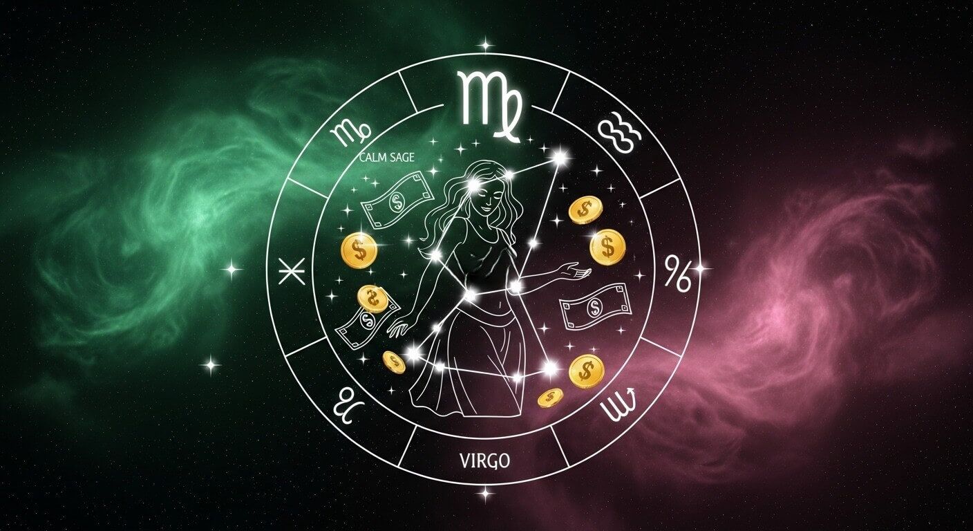 Tanda zodiak Virgo dengan hamparan konstelasi, ilustrasi wanita, dan koin dolar mengambang serta uang kertas dengan latar belakang kosmik.