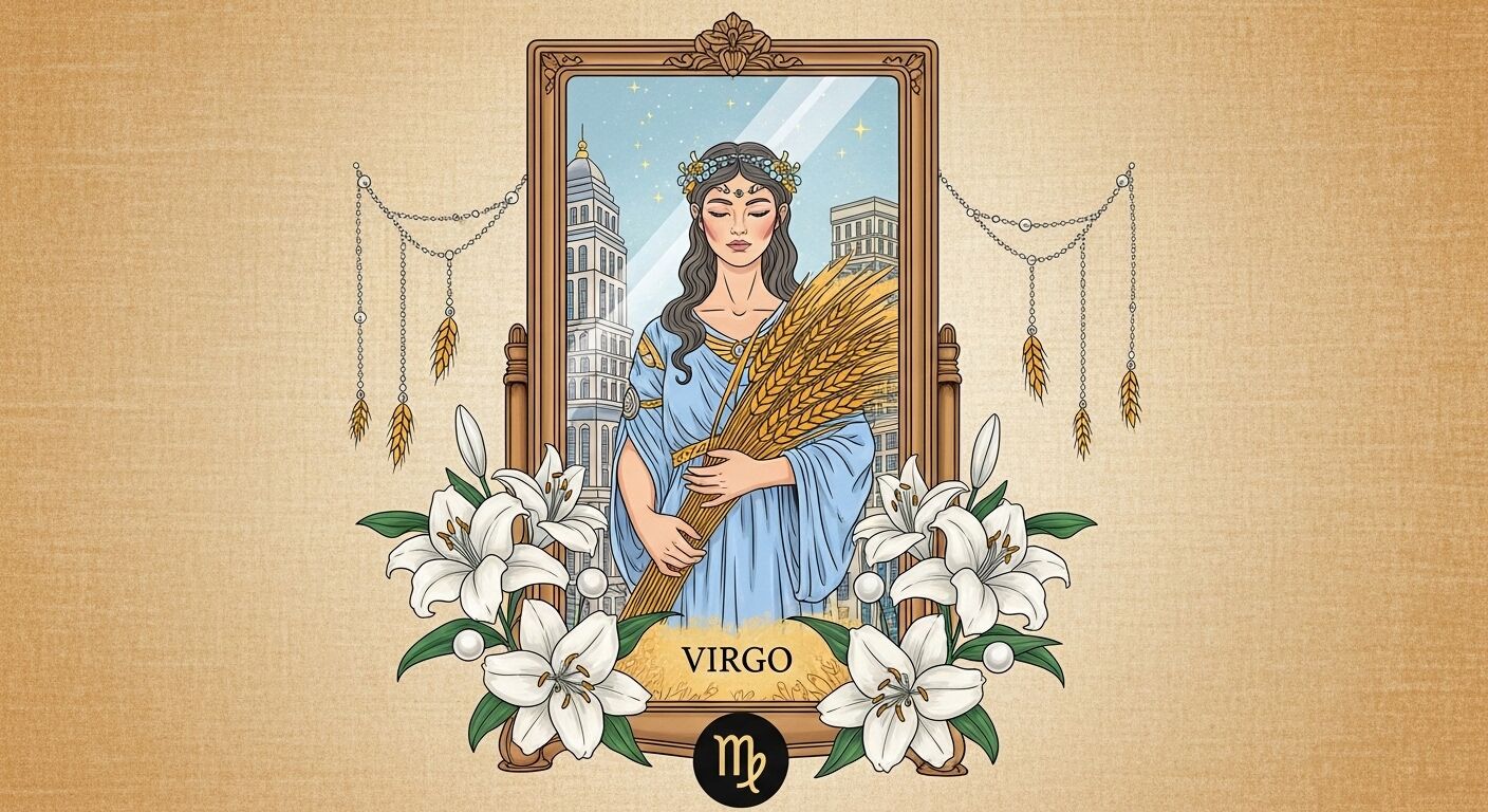 Ilustrasi tanda zodiak Virgo sebagai wanita berbaju biru memegang gandum, dibingkai bunga lili putih dan bangunan kota.