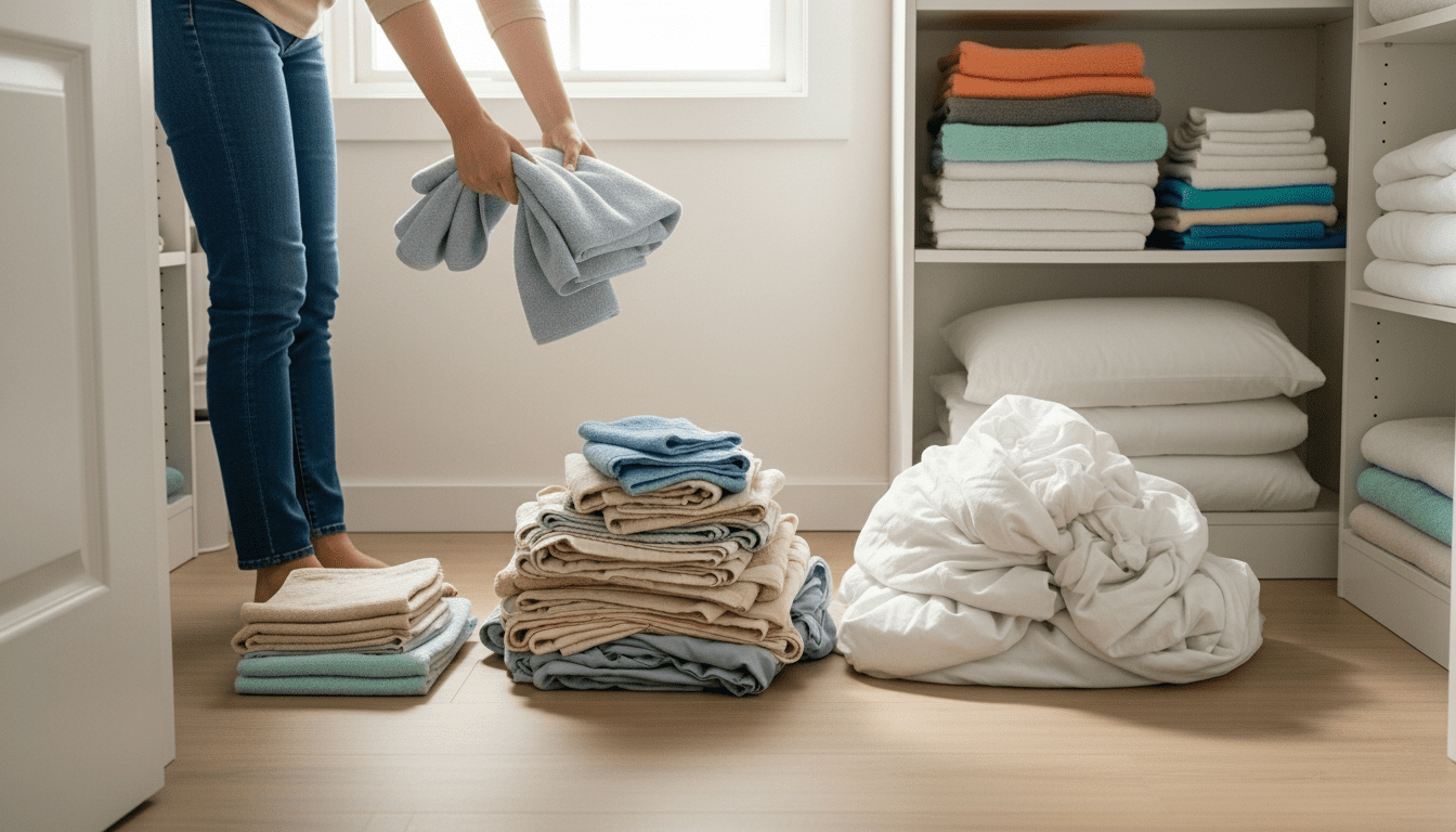 Orang melipat dan mengatur handuk dan linen berwarna-warni di lemari dengan rak handuk dan bantal terlipat
