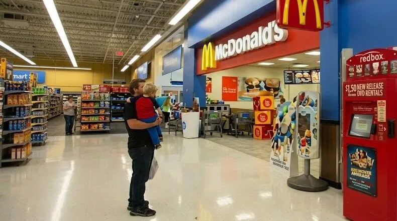 Pria menggendong anak berdiri di dekat konter McDonald's di dalam toko Walmart.