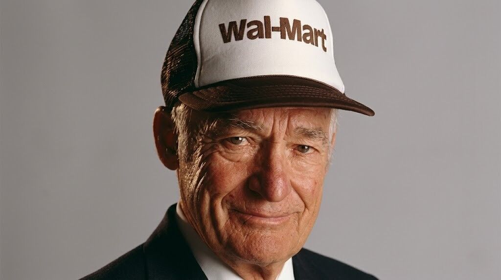 Pria lanjut usia mengenakan topi pengemudi truk Wal-Mart dan jaket jas gelap dengan latar belakang polos.