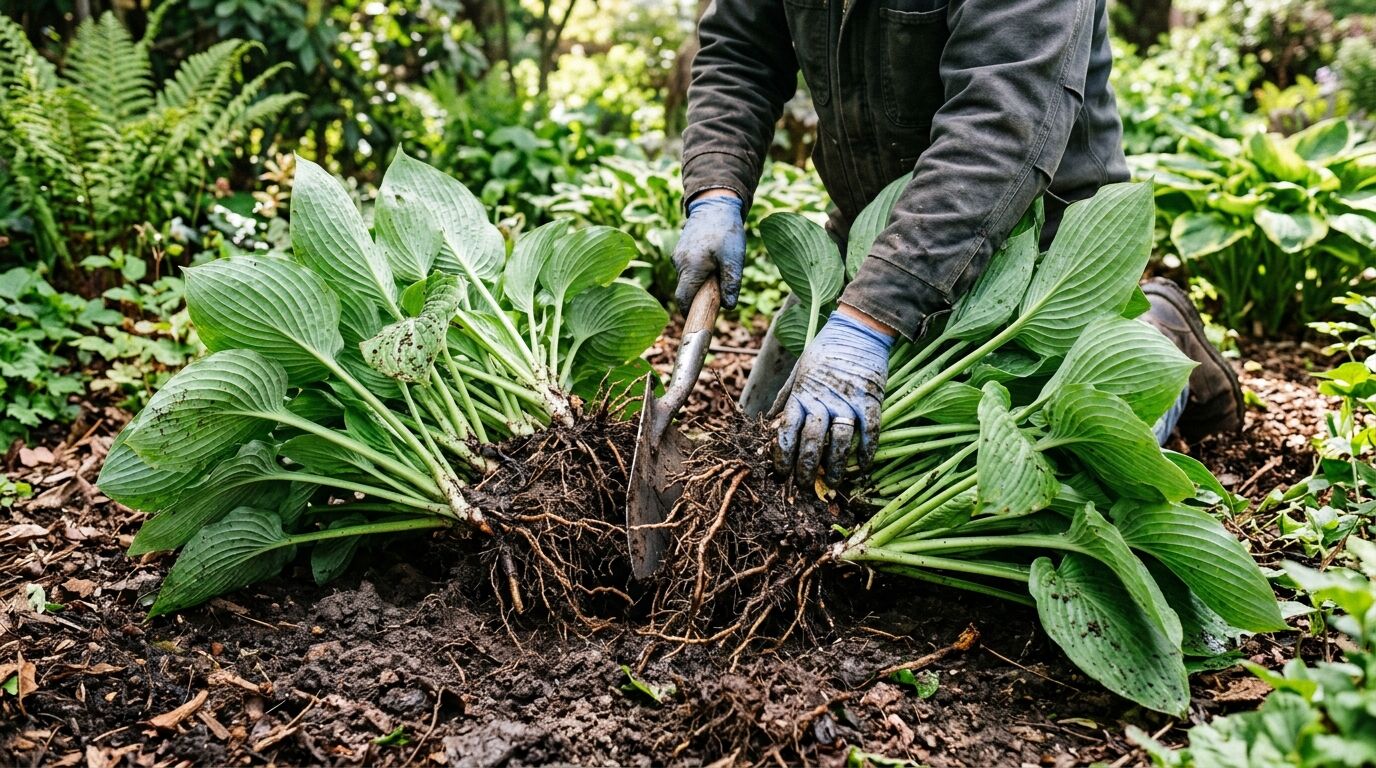 Orang yang mengenakan sarung tangan membagi tanaman inang dengan sekop taman di tempat tidur taman.