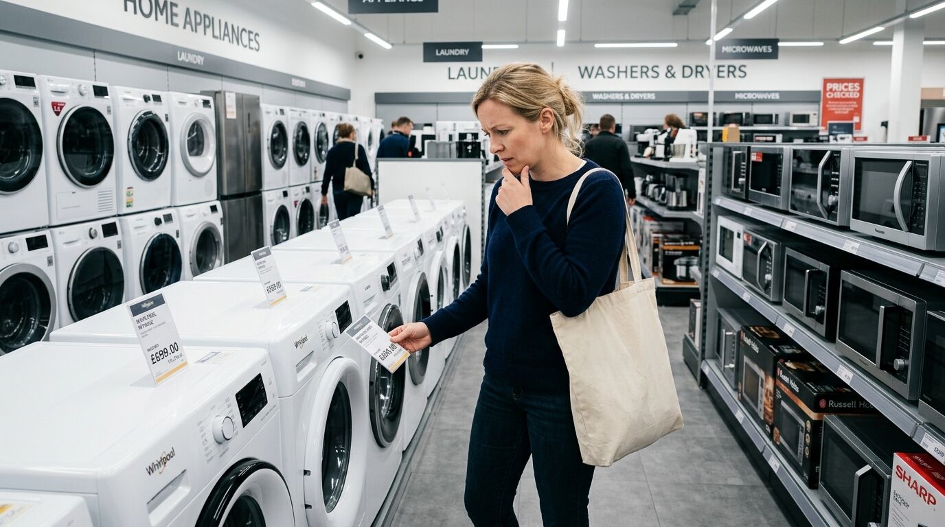 Wanita memeriksa label harga mesin cuci Whirlpool di lorong toko peralatan rumah tangga