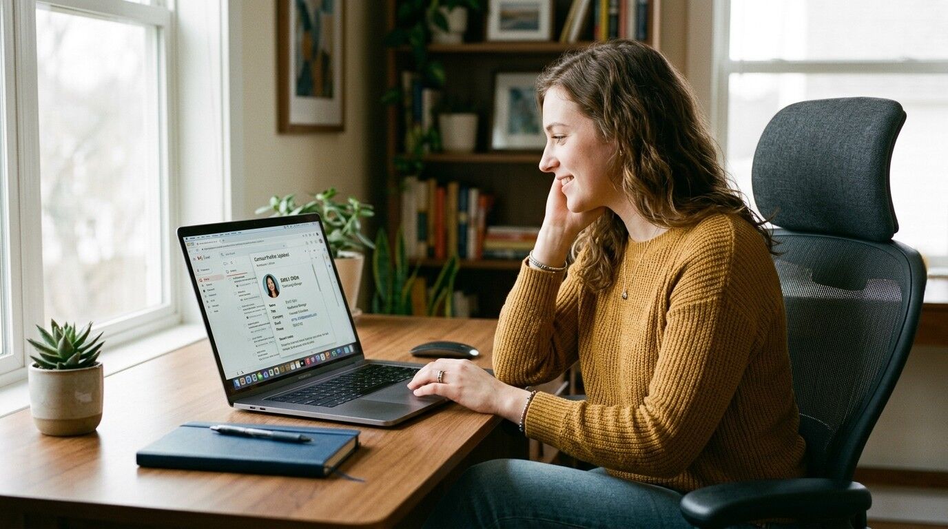 Wanita dengan sweter mustard menggunakan laptop MacBook di meja kayu dekat jendela dengan buku catatan dan tanaman di dekatnya