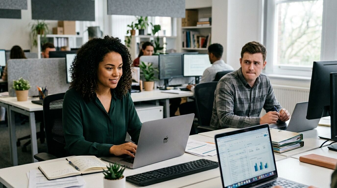 Wanita yang bekerja menggunakan laptop MacBook di kantor terbuka bersama rekan kerja di meja dan monitor komputer.