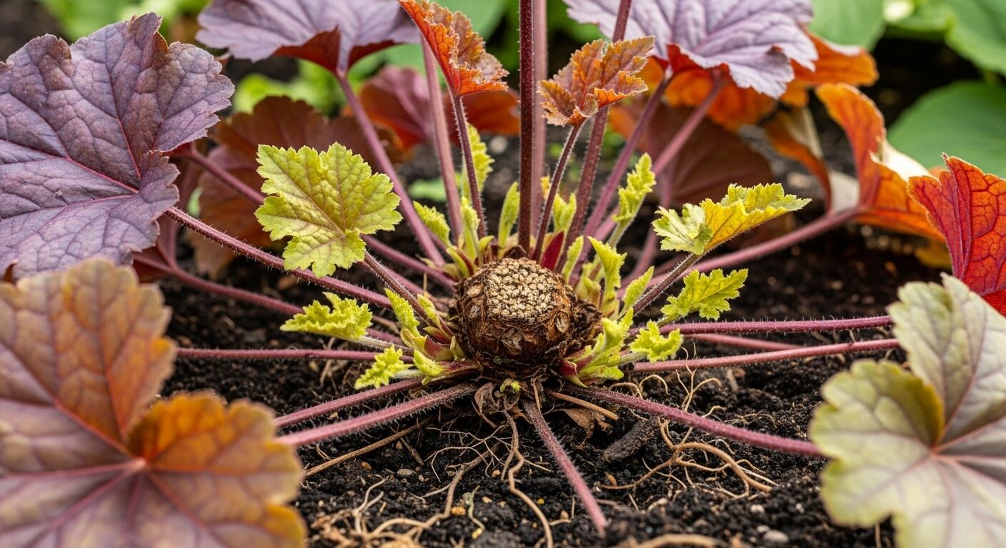 Tanaman Heuchera dengan daun berwarna-warni dan pangkal mahkota berkayu di dalam tanah.