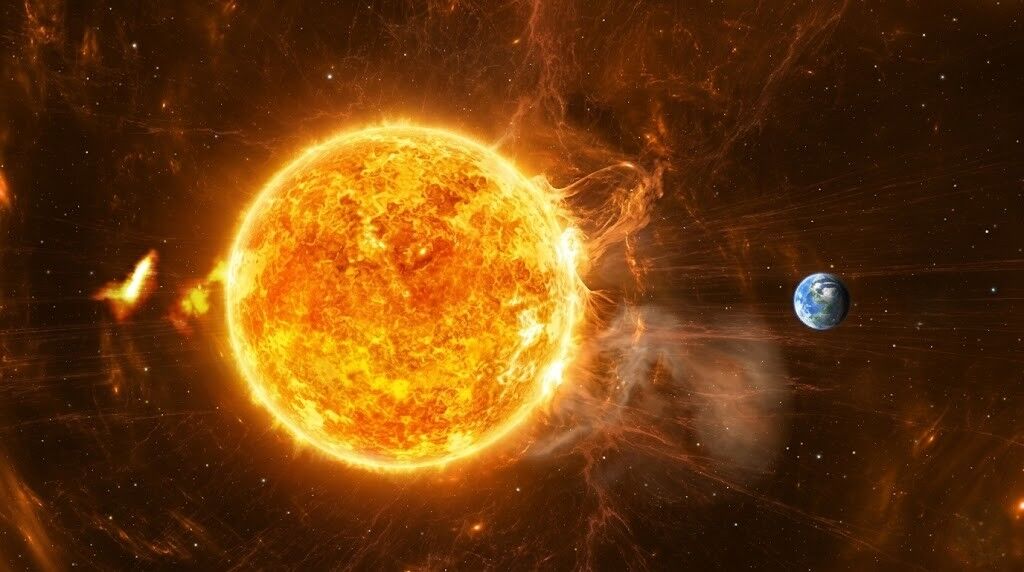 Matahari memancarkan jilatan api matahari dan Bumi terlihat di dekatnya di luar angkasa.