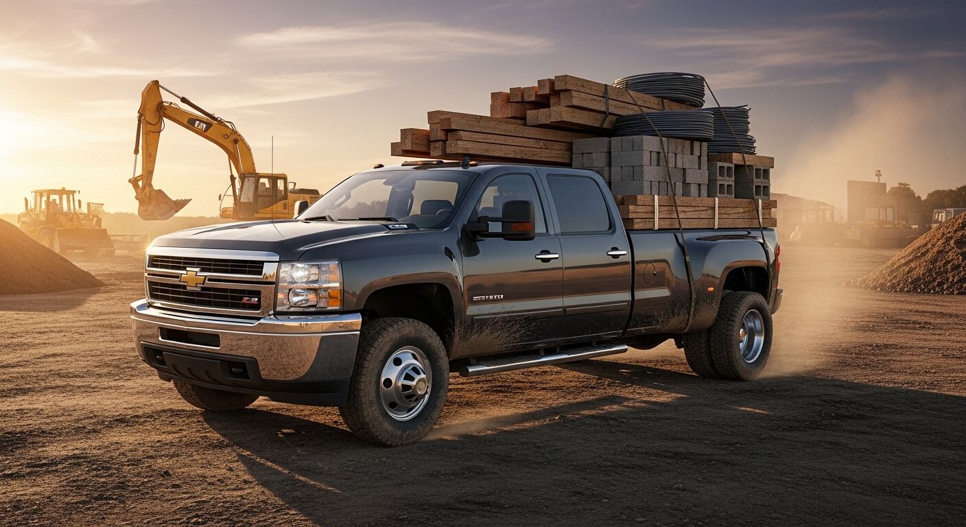 Truk pikap Chevrolet Silverado hitam memuat kayu dan bahan konstruksi di lokasi konstruksi berdebu