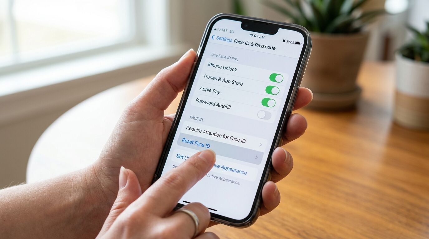 Tangan memegang iPhone dengan layar pengaturan ID Wajah & Kode Sandi yang menampilkan tombol untuk Buka Kunci iPhone, iTunes & App Store, dan Apple Pay diaktifkan