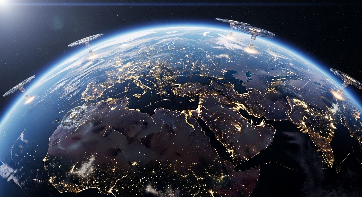 Bumi di malam hari menampilkan Eropa, Afrika, dan Timur Tengah dengan stasiun luar angkasa futuristik yang mengorbit di atasnya.