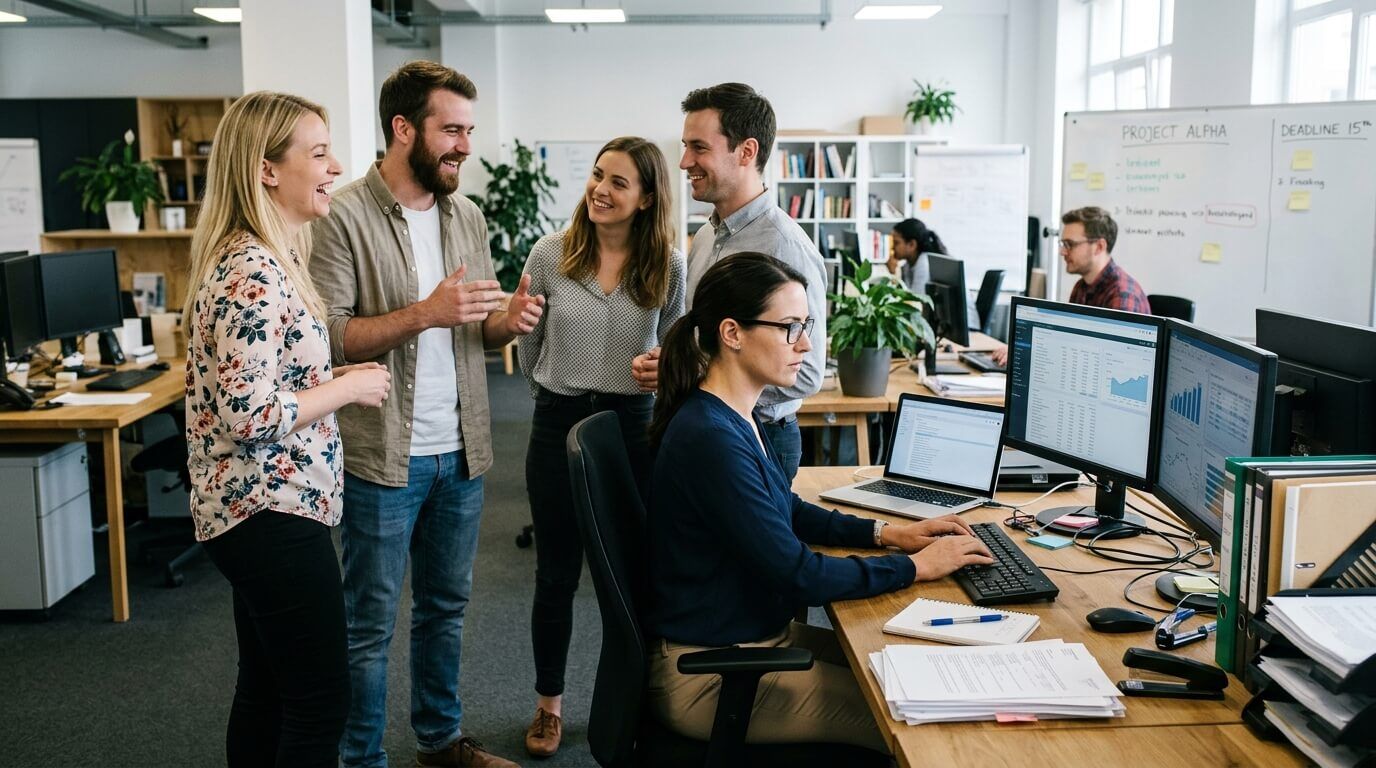 Lima rekan kerja berkolaborasi di kantor modern dengan beberapa monitor dan catatan proyek di papan tulis.