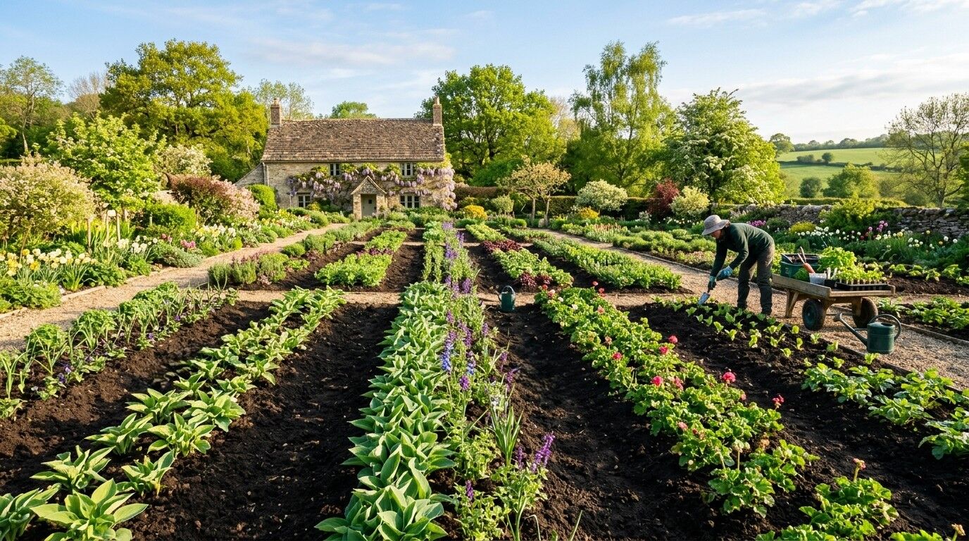 Orang yang berkebun di taman sayur dan bunga yang besar dan terawat di depan pondok batu.