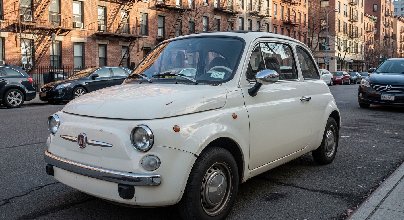 Fiat 500 vintage putih diparkir di jalan kota dengan bangunan apartemen bata di latar belakang.
