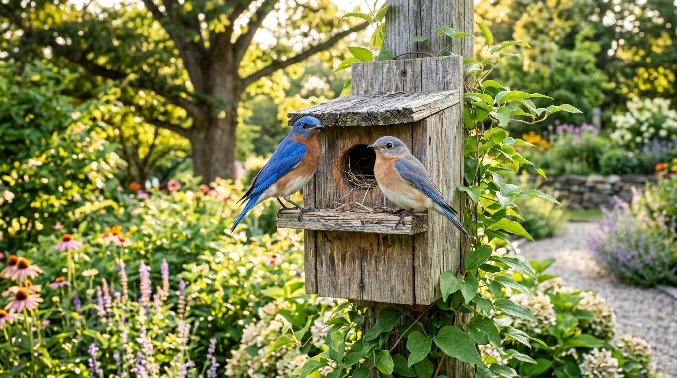 Dua Burung Bluebird Timur bertengger di sangkar burung kayu yang dikelilingi taman dengan bunga dan tanaman hijau.