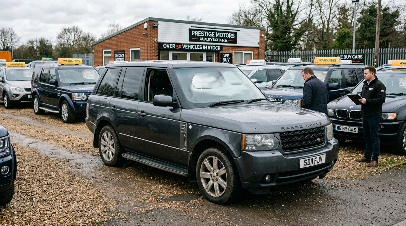 Gray Range Rover diparkir di tempat parkir mobil bekas Prestige Motors dengan dua pria sedang memeriksa kendaraan di dekatnya
