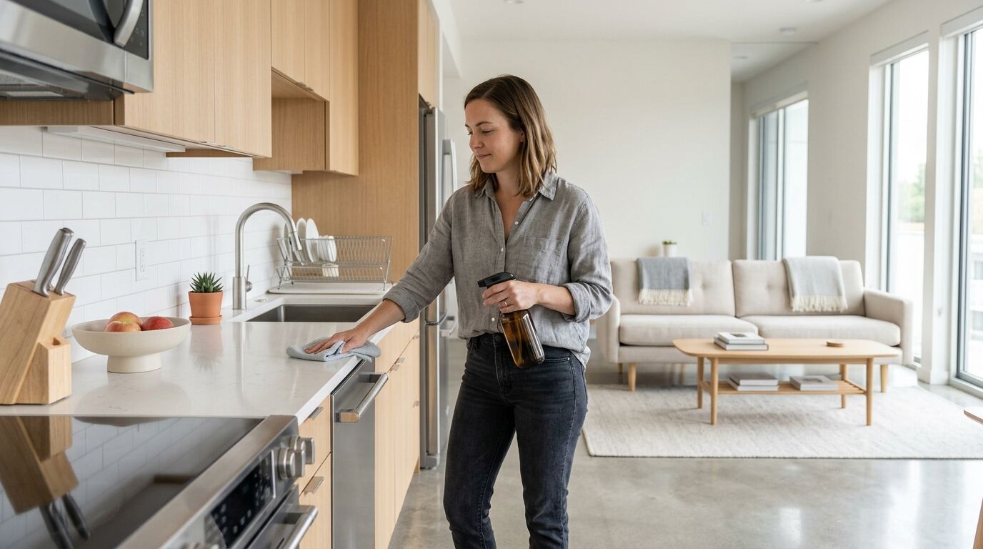 Wanita membersihkan meja dapur dengan botol semprot dan kain di ruang tamu terbuka modern