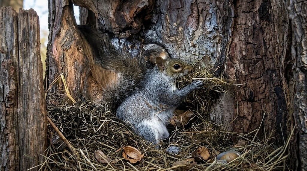 Tupai abu-abu mengumpulkan bahan sarang di dalam lubang pohon yang dipenuhi rumput dan dedaunan kering
