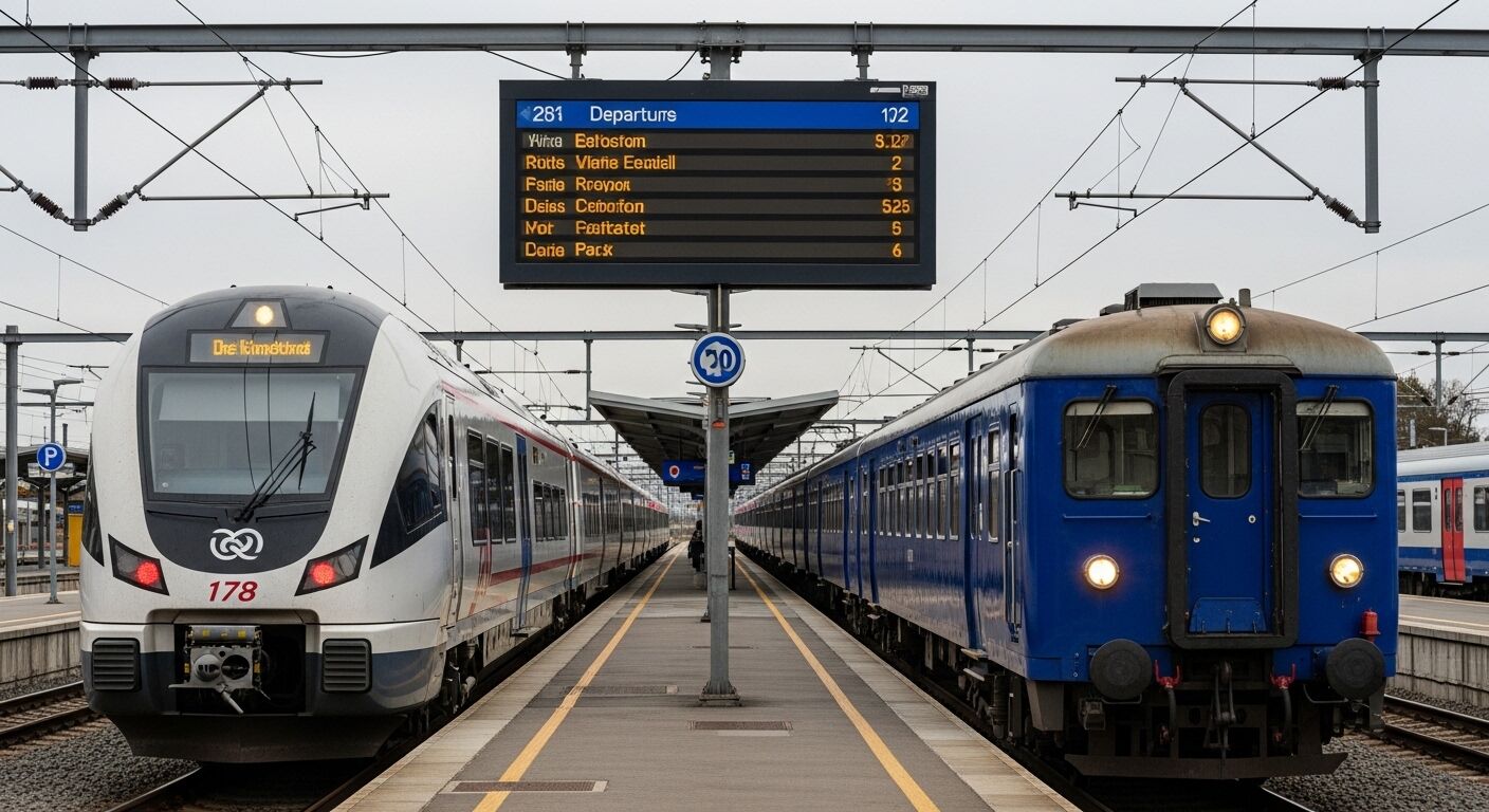 Dua kereta, satu putih dan satu biru, di peron stasiun kereta di bawah papan keberangkatan digital.