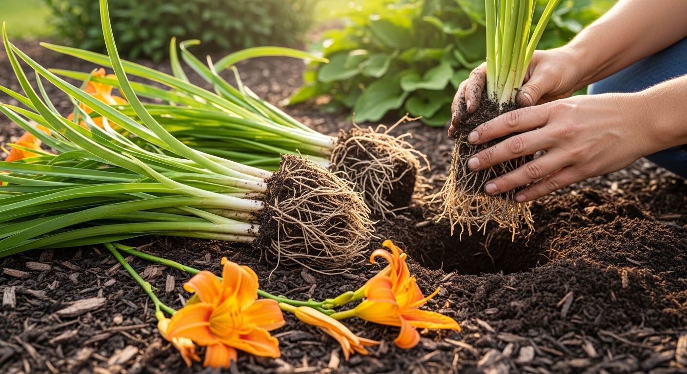 Tangan menanam bunga lili oranye dengan akar yang terlihat ke dalam tanah kebun.