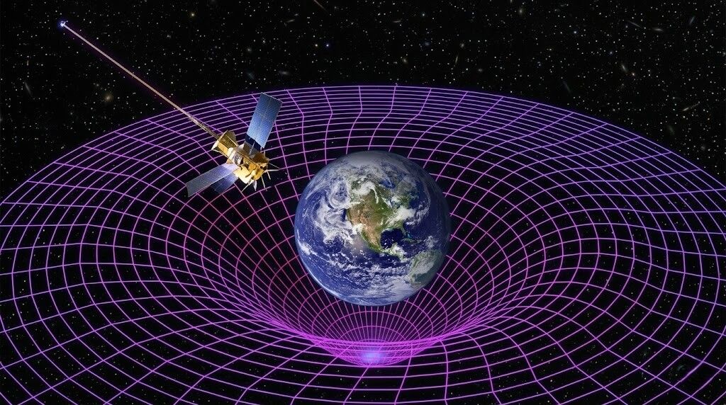 Jaringan ruangwaktu yang membengkokkan bumi dengan satelit yang memancarkan sinar laser dalam ilustrasi luar angkasa
