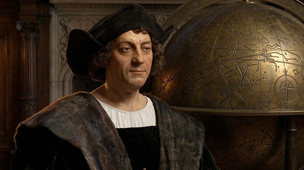 Potret Christopher Columbus mengenakan jubah dan topi bulu dengan latar belakang bola antik besar