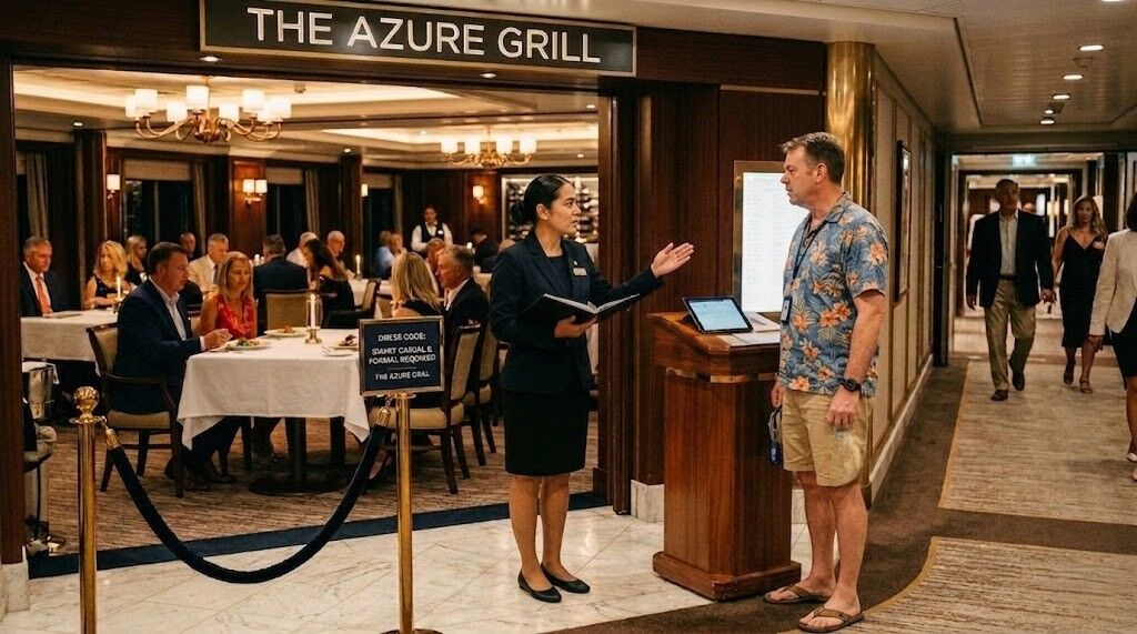 Nyonya rumah berpakaian formal berbicara dengan pria berpakaian santai di luar restoran The Azure Grill dengan pengunjung di dalamnya