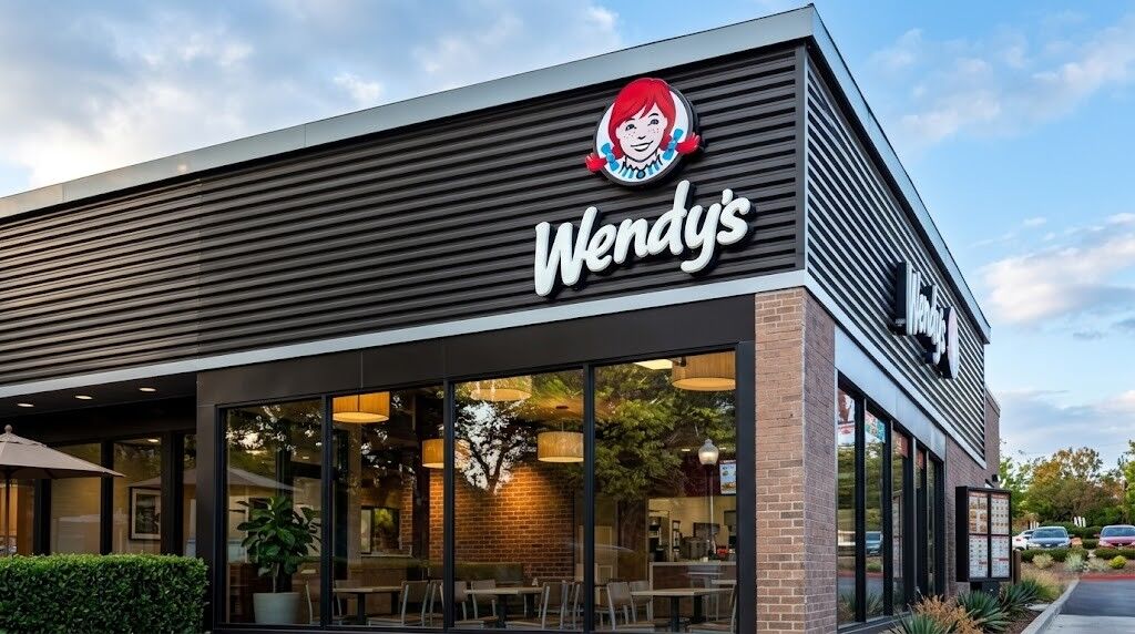 Eksterior restoran cepat saji Wendy dengan logo dan jendela kaca yang menunjukkan area tempat duduk interior.