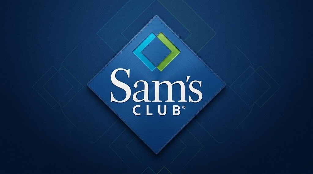 Logo Sam's Club dengan bentuk berlian biru dan hijau dengan latar belakang biru tua