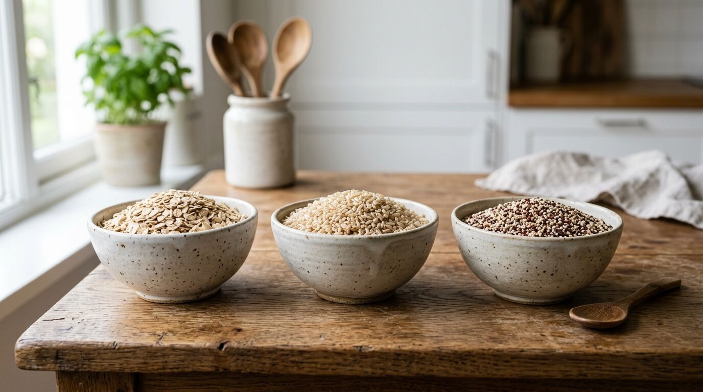 Tiga mangkuk keramik berisi gandum, nasi merah, dan quinoa di atas meja dapur kayu dengan sendok kayu di latar belakang