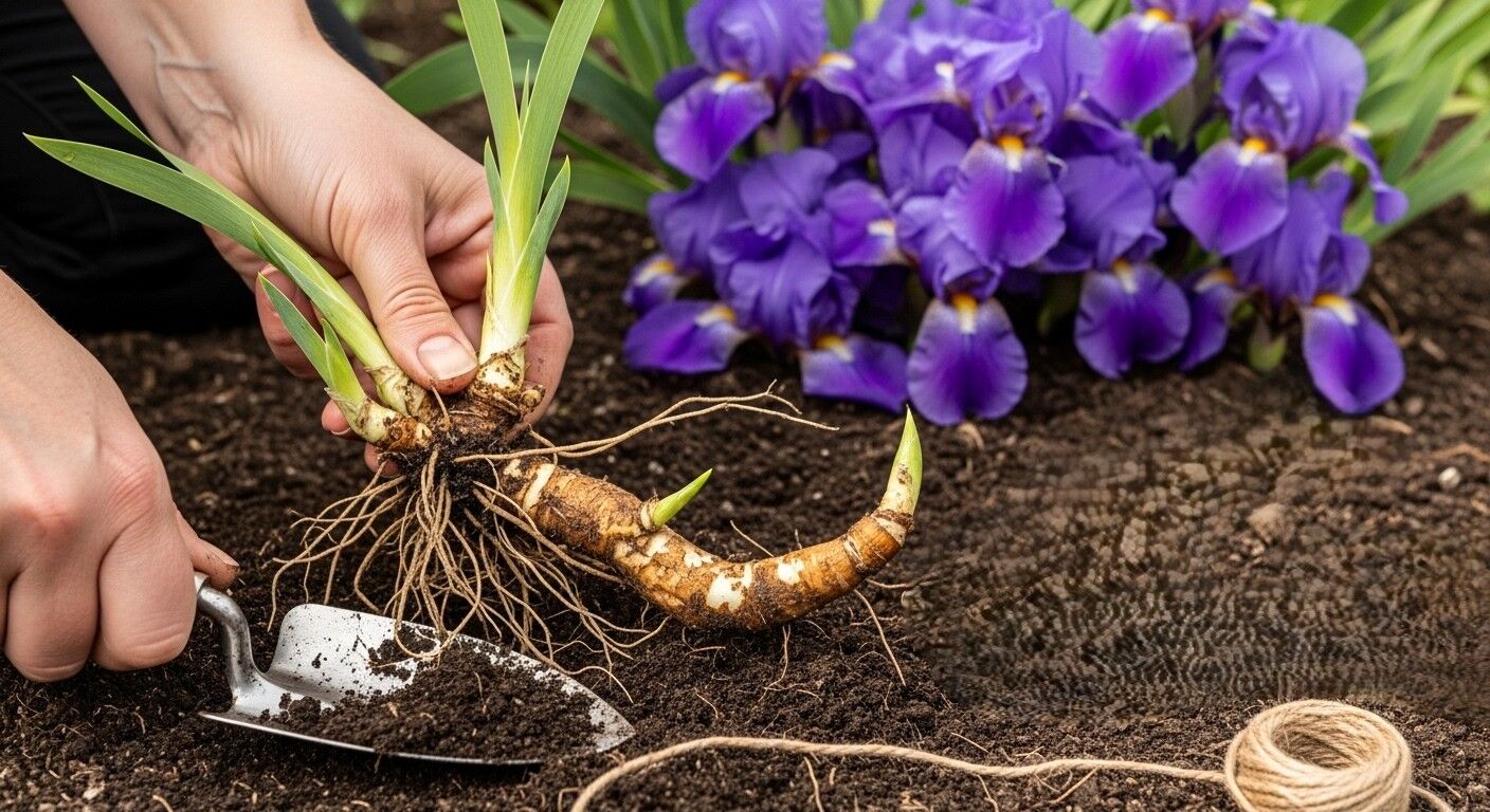 Tangan menggali tanaman iris dengan akar dan rimpang di dekat bunga iris ungu yang mekar di tanah.