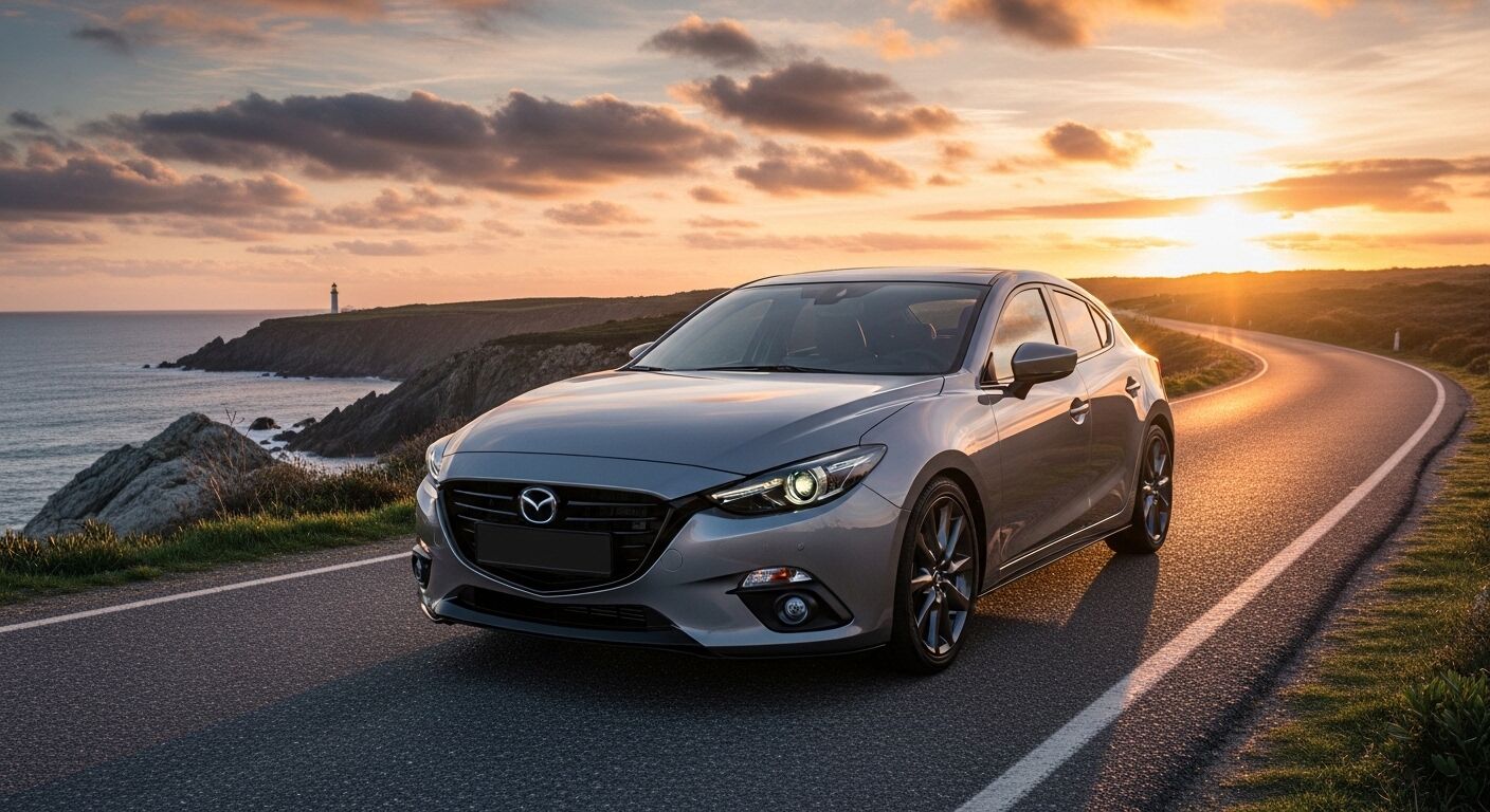 Sedan Silver Mazda diparkir di jalan pantai saat matahari terbenam dengan latar belakang mercusuar