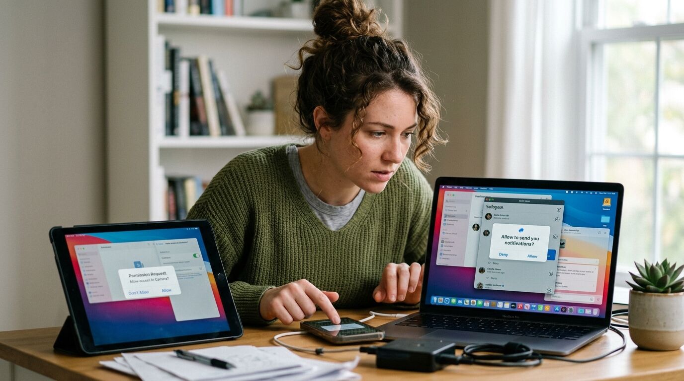 Wanita menggunakan iPhone, MacBook Pro, dan iPad dengan pop-up permintaan izin di layar di meja kayu