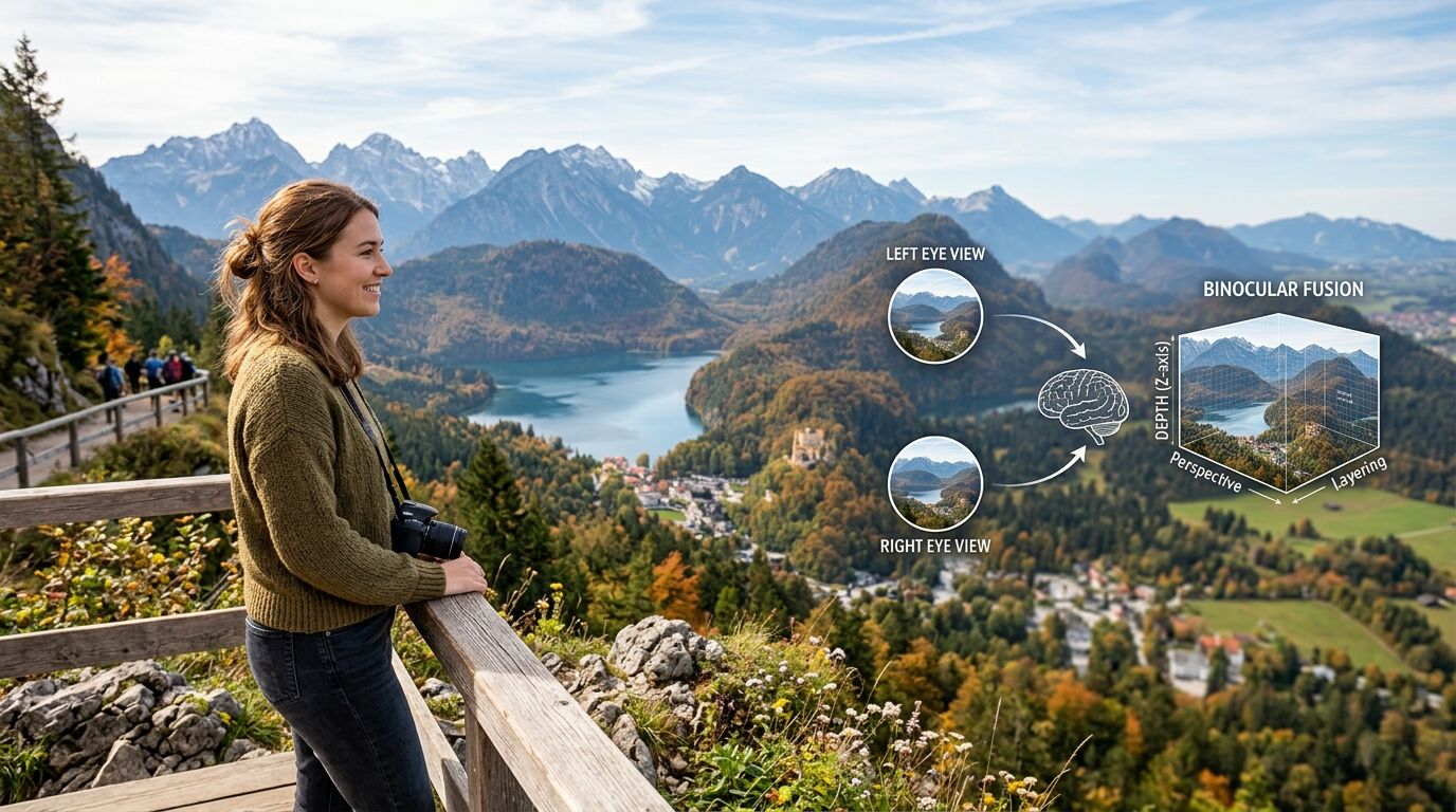 Wanita dengan kamera menghadap lanskap danau pegunungan dengan infografis yang menjelaskan fusi binokular dan persepsi kedalaman.