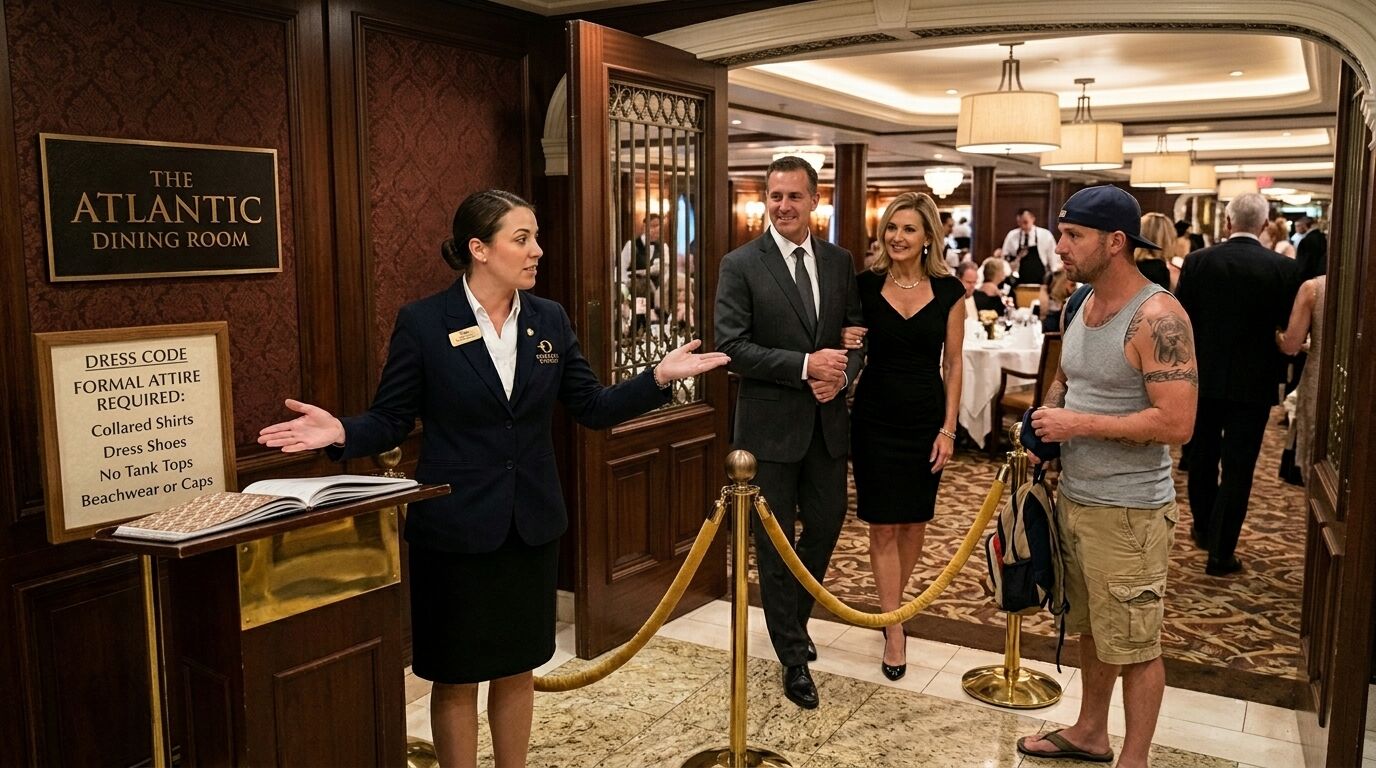 Seorang nyonya rumah dengan pakaian formal menolak masuknya seorang pria yang mengenakan tank top dan celana pendek di pintu masuk The Atlantic Dining Room.