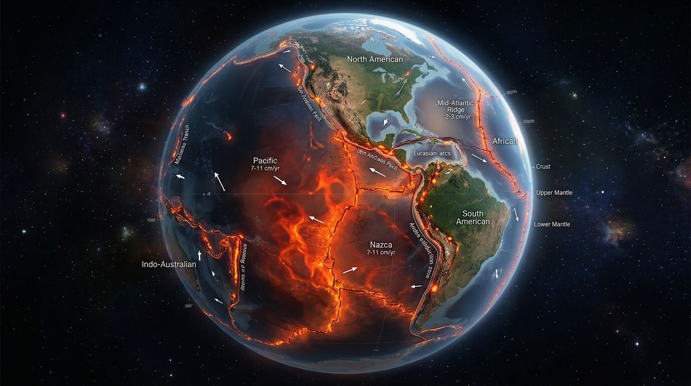 Bola dunia menunjukkan lempeng tektonik, batas lempeng, dan laju pergerakan termasuk lempeng Pasifik, Nazca, Amerika Utara, Amerika Selatan, Afrika, dan Indo-Australia.