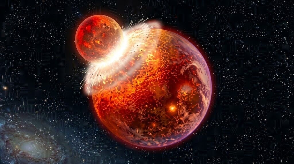 Tabrakan dua planet cair di luar angkasa dengan permukaan lava bercahaya dan latar belakang berbintang