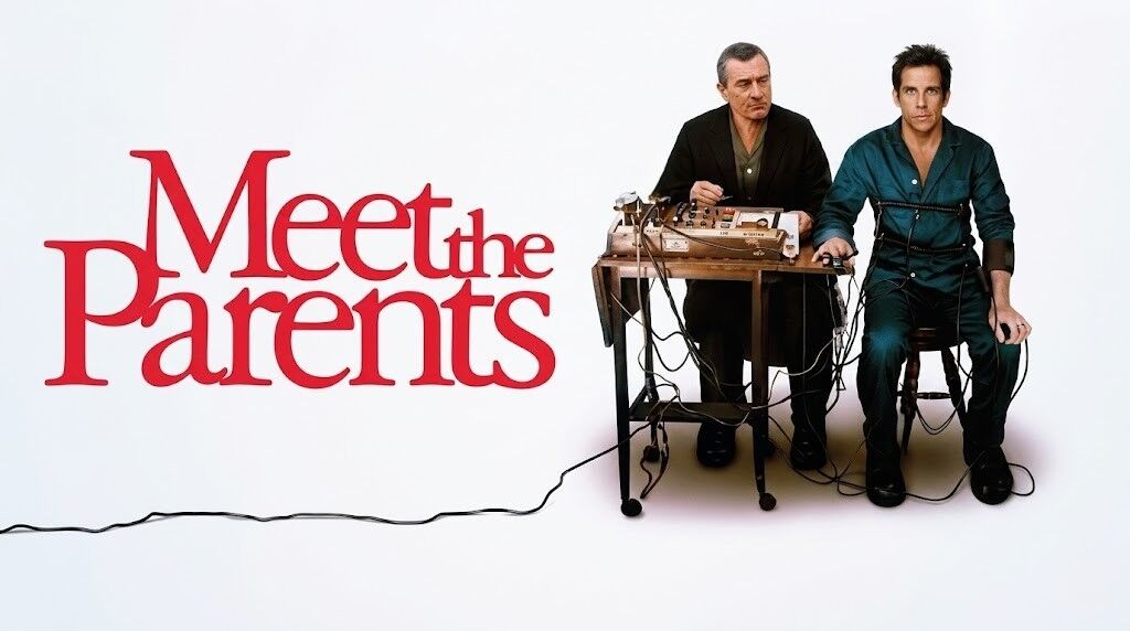 Robert De Niro melakukan tes poligraf kepada Ben Stiller di poster film Meet the Parents.