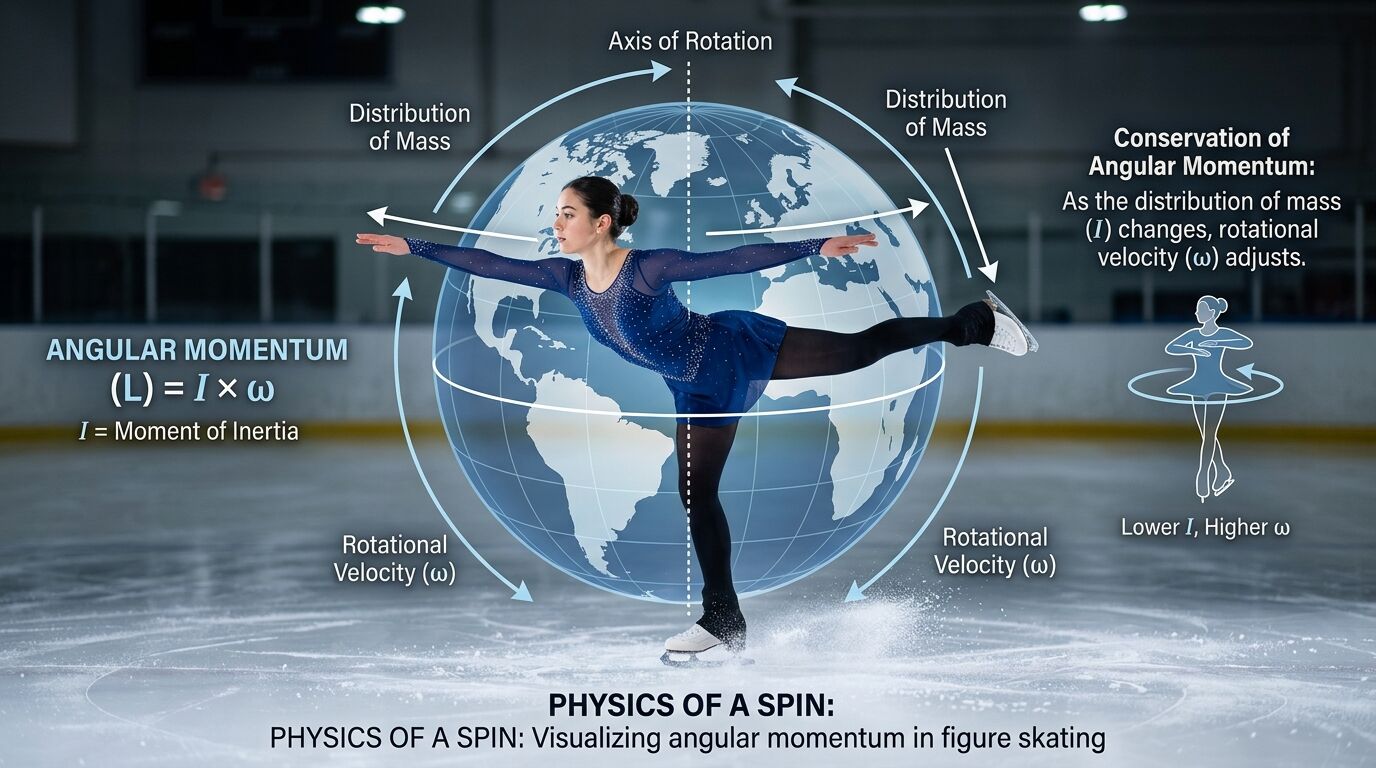 Figur skater melakukan putaran dengan diagram fisika berlapis yang menjelaskan momentum sudut dan distribusi massa.